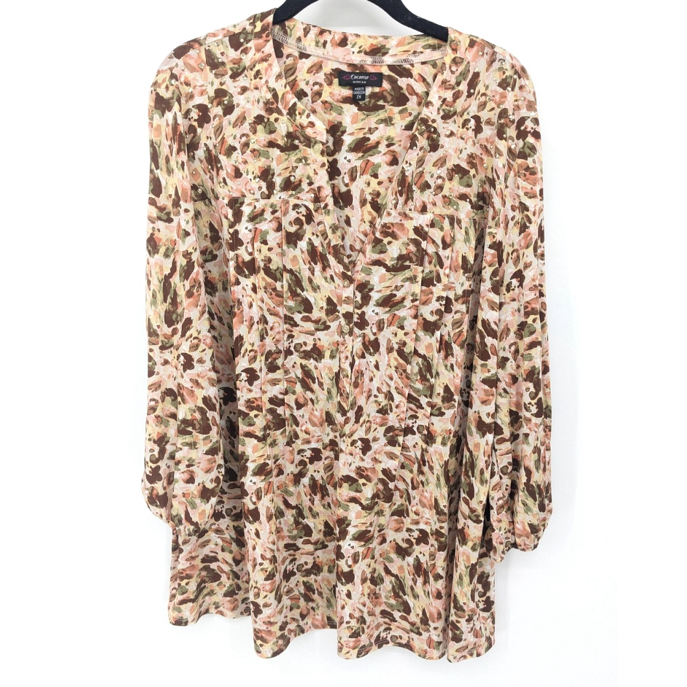 Cocomo Woman Shirt 2X Brown Pink Floral Sequin V Neck Tunic